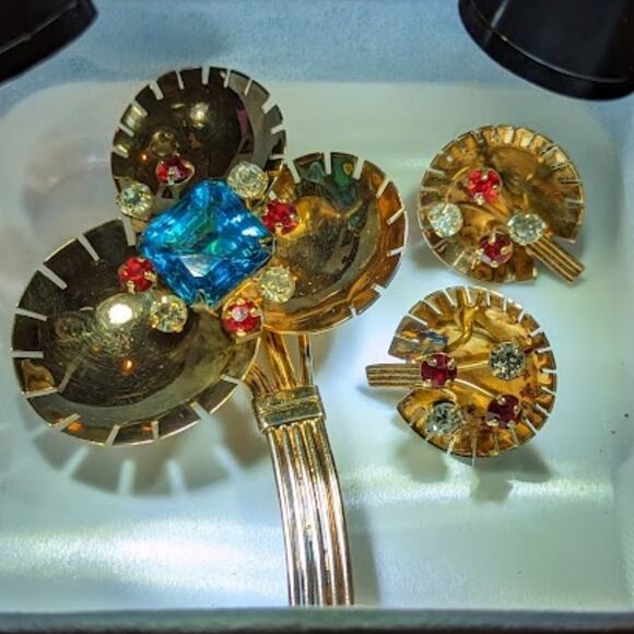 Demi-parure 1940s Gold Vermeil Over Sterling Rhinestone Brooch & Earring Set - Picture 2 of 12